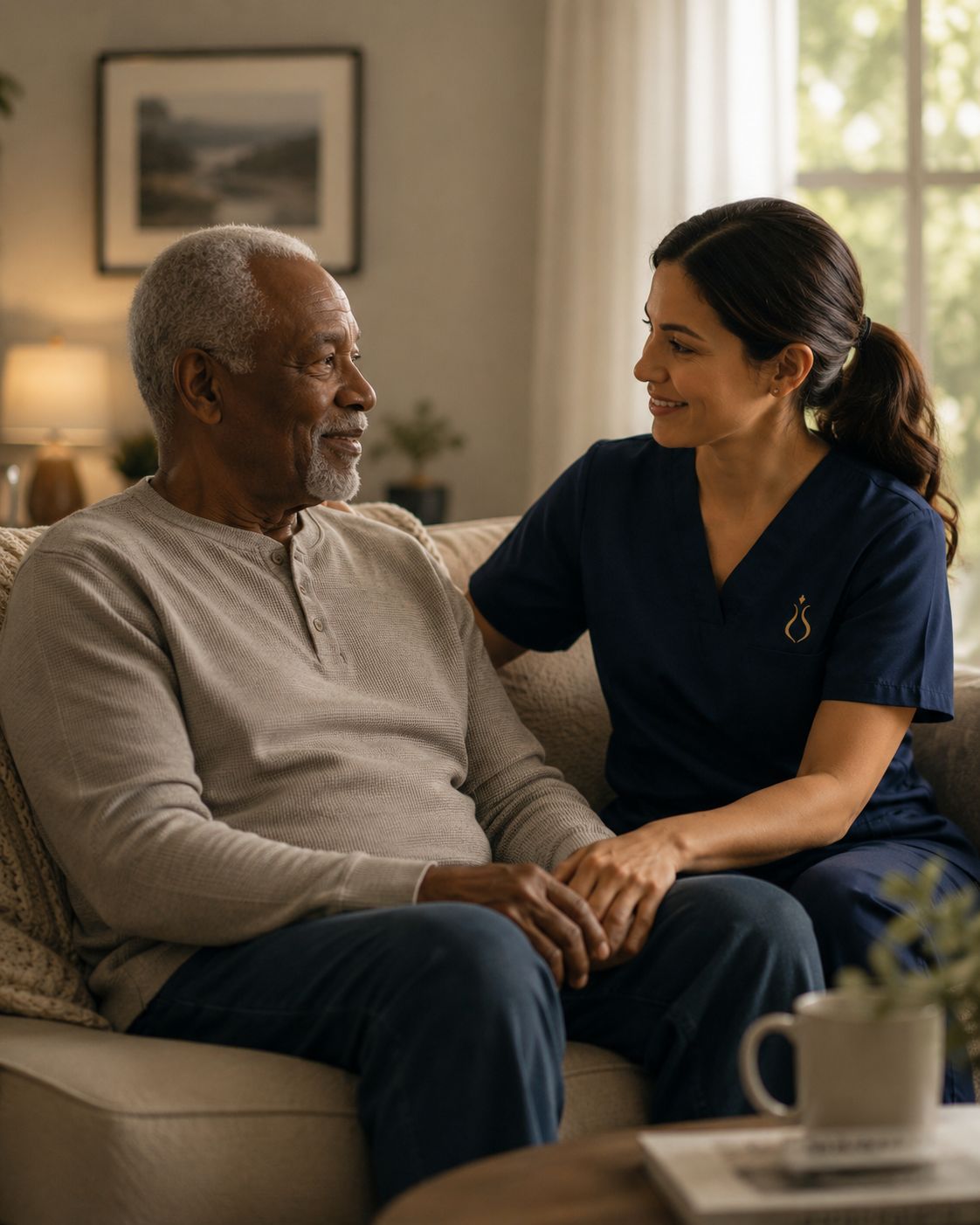 Caregiver gently holding the hand of an elder