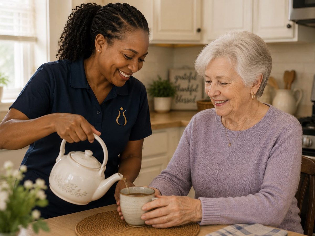 Family caregiver comforting an elderly mother