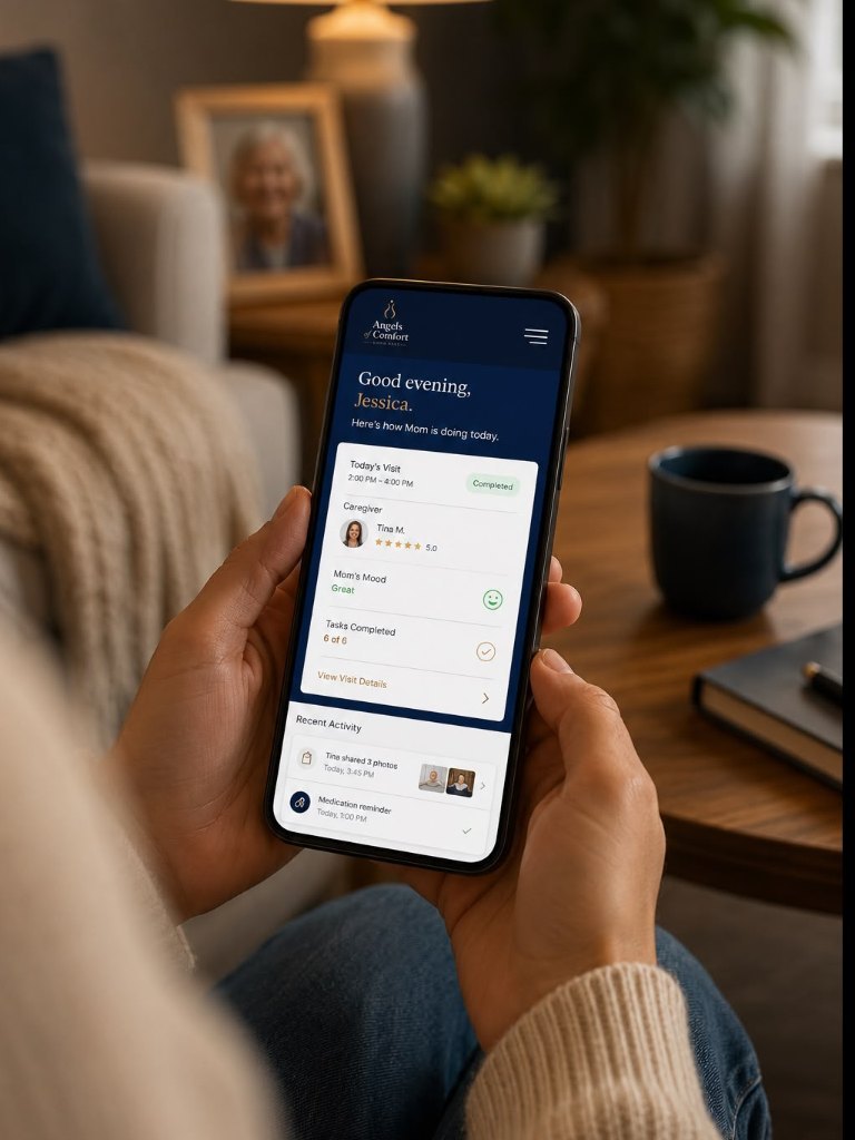 Hands holding a phone showing care updates